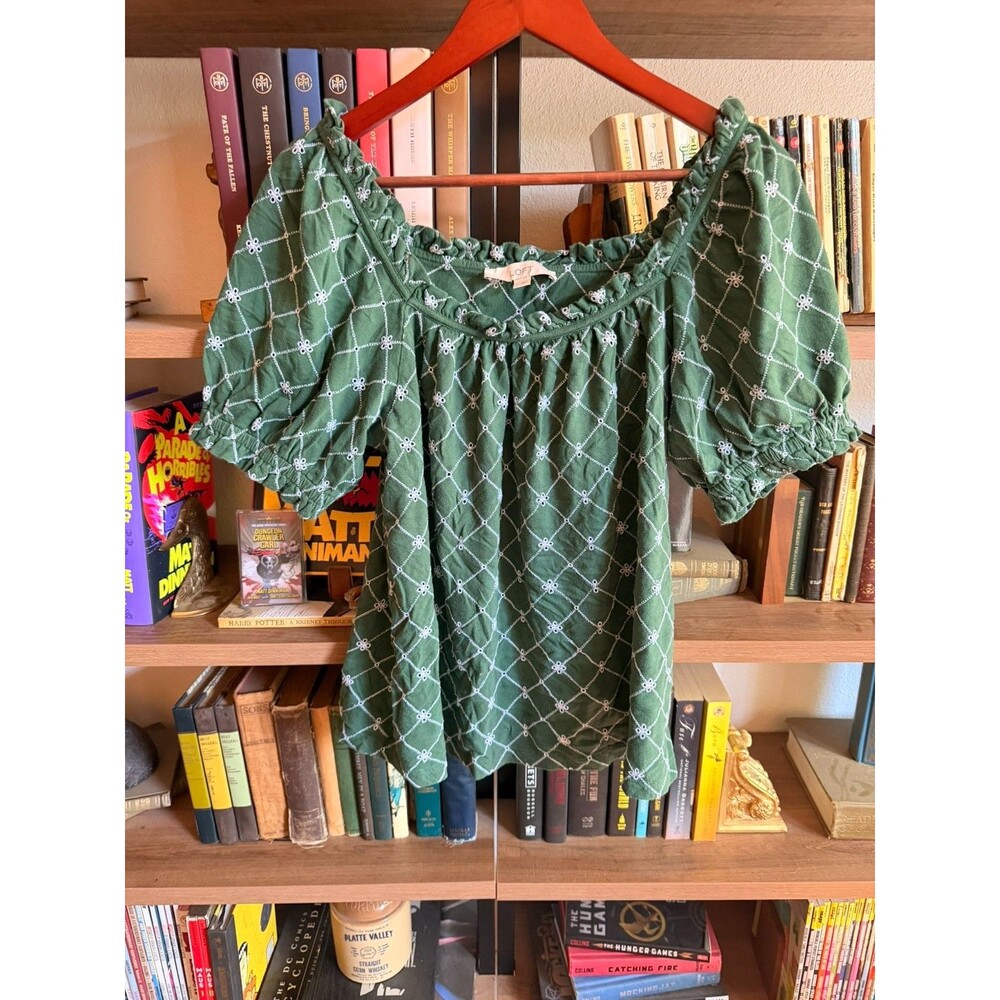 LOFT Large Green Embroidered Eyelet Square Neck Puff Sleeve Top Cottagecore